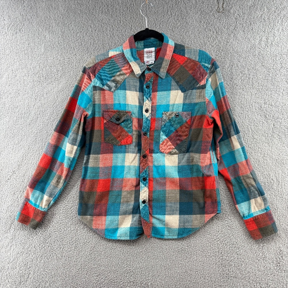 TOPO DESIGNS Favorites Icon Work Shirt Plaid Flannel  in Blue Size Medium